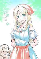 Rule 34 | 1girl, :d, apron, blonde hair, blue dress, blue eyes, breasts, collarbone, dog, dragon quest, dragon quest xi, dress, emma (dq11), head scarf, long hair, looking at viewer, open mouth, puffy short sleeves, puffy sleeves, short sleeves, smile, straight hair, tukiwani