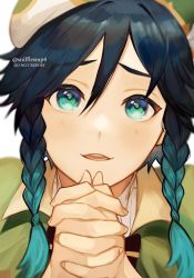 Rule 34 | 1boy, androgynous, artist name, beret, black hair, blue hair, blush, braid, brooch, cape, collared cape, furrowed brow, genshin impact, gradient hair, green eyes, green hat, hat, highres, jewelry, looking at viewer, male focus, multicolored hair, open mouth, own hands together, short hair with long locks, simple background, smile, snifflesmp4, solo, twin braids, venti (genshin impact), white background
