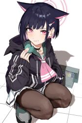 Rule 34 | 1girl, absurdres, animal ears, black choker, black hair, blue archive, blush, brown pantyhose, choker, food, food on face, franz2543, halo, hand in own hair, highres, holding, holding food, hood, hood down, hooded jacket, jacket, kazusa (blue archive), long sleeves, looking at viewer, macaron, neckerchief, pantyhose, pink hair, pink neckerchief, pleated skirt, shoes, skirt, solo, squatting, track jacket, white skirt