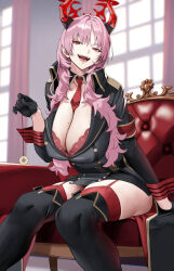 Rule 34 | 1girl, armband, belt, between breasts, black belt, black gloves, black jacket, blue archive, breasts, cleavage, coin, collared jacket, couch, detached collar, duplicate, gloves, hair between eyes, halo, highres, holding pendulum, holed coin, horns, jacket, large breasts, long hair, long sleeves, looking at viewer, military jacket, mole, mole on breast, necktie, necktie between breasts, on couch, open mouth, pink hair, red eyes, red necktie, red thighhighs, satsuki (blue archive), side slit, sitting, smile, solo, thighhighs, yoshio (55level)