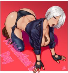 Rule 34 | 1girl, all fours, angel (kof), ass, between breasts, breasts, butt crack, candy, chocolate, chocolate heart, chocolate on body, chocolate on breasts, cleavage, food, gloves, heart, highres, large breasts, open mouth, saliva, solo, st.germain-sal, the king of fighters, tongue, tongue out