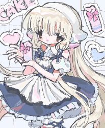 Rule 34 | 0o0oo0oooo, 1girl, blonde hair, blue dress, brown eyes, chii, chobits, detached sleeves, dot nose, dress, frilled dress, frills, hair tubes, hands up, headband, holding, long hair, looking at viewer, open mouth, puffy short sleeves, puffy sleeves, robot ears, short sleeves, smile, solo, very long hair, white background