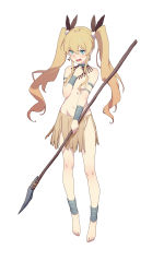 Rule 34 | 1girl, absurdres, alternate costume, angry, anklet, armlet, barefoot, blonde hair, blue eyes, blush, bracelet, breasts, earrings, fangs, feather hair ornament, feathers, full body, hair between eyes, hair censor, hair ornament, highres, holding, holding polearm, holding spear, holding weapon, hoop earrings, jewelry, long hair, looking at viewer, medium breasts, miniskirt, necklace, nose blush, open mouth, polearm, rekaerb maerd, romantic saga of beauty &amp; devil, simple background, skirt, solo, spear, standing, topless, twintails, very long hair, weapon, white background