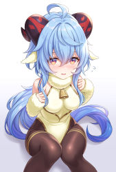 Rule 34 | 1girl, ahoge, animal ears, bare shoulders, bell, blue hair, blush, breasts, brown pantyhose, commentary request, curled horns, detached sleeves, feet out of frame, flying sweatdrops, fur collar, fur sleeves, ganyu (genshin impact), genshin impact, gradient background, grey background, hair between eyes, hands up, highres, horns, knees up, leotard, long hair, long sleeves, looking at viewer, medium breasts, nose blush, pantyhose, parted lips, red eyes, sheep ears, sheep girl, sheep horns, sitting, sleeves past wrists, solo, tomo (tmtm mf mf), very long hair, wavy mouth, white background, white leotard