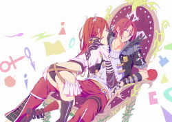 Rule 34 | 10s, 1boy, 1girl, alternate costume, belt, chain, chair, closed eyes, end place, food, free!, kneehighs, layered sleeves, long hair, matsuoka gou, matsuoka rin, mouth hold, pocky, pocky kiss, ponytail, red eyes, red hair, shared food, short hair, siblings, simple background, sitting, socks, white background