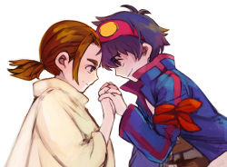 Rule 34 | 00s, 2boys, bad id, bad pixiv id, blue hair, brown hair, dd (physsica), face-to-face, forehead-to-forehead, goggles, goggles on head, holding hands, heads together, multiple boys, ponytail, rossiu adai, simon (ttgl), smile, tengen toppa gurren lagann, white background, aged down