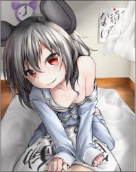 Rule 34 | 1girl, animal ears, animated, animated gif, assertive female, bare shoulders, blush, breasts, cleavage, collarbone, ebi senbei, girl on top, grey hair, indoors, looking at viewer, morning, mouse ears, naughty face, nazrin, non-repeating animation, off shoulder, pov, red eyes, short hair, small breasts, smile, solo, touhou