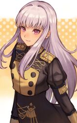 1girl 20060715 absurdres blunt_bangs commentary cowboy_shot fire_emblem fire_emblem:_three_houses garreg_mach_monastery_uniform highres juliet_sleeves light_smile long_hair long_sleeves looking_at_viewer lysithea_von_ordelia nintendo pink_eyes polka_dot polka_dot_background puffy_sleeves simple_background solo white_background white_hair