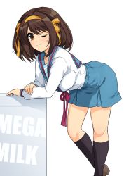 Rule 34 | 1girl, ;), bent over, black socks, blue sailor collar, blue skirt, bow, breasts, brown eyes, brown footwear, brown hair, closed mouth, hair bow, hairband, hand on own arm, haruhisky, high-waist skirt, highres, kita high school uniform, kneehighs, loafers, long sleeves, looking at viewer, medium breasts, medium hair, one eye closed, orange bow, orange hairband, purple bow, sailor collar, school uniform, serafuku, shirt, shirt tucked in, shoes, simple background, skirt, sleeve cuffs, smile, socks, solo, standing, suzumiya haruhi, suzumiya haruhi no yuuutsu, white background, white shirt