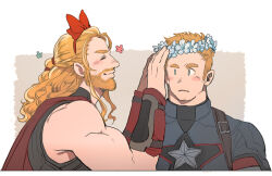 Rule 34 | 2boys, avengers (series), bare shoulders, beard, black shirt, blonde hair, blue bodysuit, blue eyes, blue flower, blush, bodysuit, border, bow, bow hairband, cape, captain america, closed eyes, closed mouth, commentary request, facial hair, flower, grey background, hair ornament, hairband, hands up, head wreath, long hair, looking at another, male focus, marvel, marvel cinematic universe, multiple boys, muscular, muscular male, nikumeron, outside border, pink flower, red bow, red cape, red hairband, shirt, sidelocks, simple background, sleeveless, sleeveless shirt, smile, standing, star (symbol), steve rogers, superhero costume, thor (marvel), upper body, white border