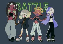 Rule 34 | 4girls, aqua eyes, baggy pants, black footwear, black hair, black hoodie, black pants, blonde hair, blue background, blue hair, cephalopod eyes, chain, chain necklace, closed mouth, commentary, crop top, cross-laced footwear, dark-skinned female, dark skin, earrings, frye (splatoon), full body, furrowed brow, grey pants, hood, hoodie, imaikuy0, inkling, jacket, jewelry, long hair, long pointy ears, looking at viewer, marina (splatoon), medium hair, mole, mole under mouth, multiple girls, navel, necklace, nintendo, octoling, official alternate costume, official alternate hairstyle, open clothes, open jacket, open mouth, orange eyes, pants, pearl (splatoon), pointy ears, purple jacket, red eyes, red pupils, shiver (splatoon), shoes, short hair, simple background, smile, splatoon (series), splatoon 3, standing, star-shaped pupils, star (symbol), symbol-shaped pupils, tentacle hair, thick eyebrows, tongue, tongue out, white footwear, yellow eyes