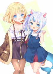 Rule 34 | 2girls, animal ears, blonde hair, blue hair, brown jacket, cat ears, fins, fish tail, gawr gura, gawr gura (casual), hair ornament, highres, hololive, hololive english, jacket, kosuzume, multicolored hair, multiple girls, off-shoulder shirt, off shoulder, one side up, open mouth, pantyhose, paw pose, sandals, shark girl, shark tail, sharp teeth, shirt, side ponytail, silver hair, smile, streaked hair, suspenders, tail, teeth, virtual youtuber, watson amelia, watson amelia (street casual), x hair ornament