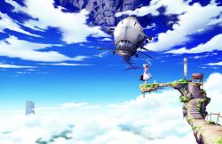 Rule 34 | 1girl, above clouds, aircraft, airship, animal, bag, bare back, bare shoulders, bench, blonde hair, blue sky, cat, cloud, cloudy sky, commentary request, day, dress, duffel bag, facing away, fantasy, fence, floating island, from side, hat, hat ribbon, holding, holding bag, long hair, mochizuki saku, original, outdoors, red ribbon, ribbon, scenery, shoes, sign, sky, sleeveless, solo, stairs, standing, sun hat, sundress, white cat, white footwear, wide shot