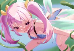 Rule 34 | 1girl, ass, blue leotard, blush, breasts, fairy, fairy wings, highres, leaning forward, leotard, long hair, open mouth, outdoors, pink eyes, pink hair, pointy ears, rabi-ribi, restrained, ribbon, ribbon (rabi-ribi), small breasts, tentacles, thighs, twintails, wings, yuzi124