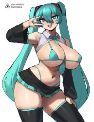 Rule 34 | 1girl, \m/, alternate breast size, aqua bikini, aqua eyes, aqua hair, aqua nails, aqua necktie, bare shoulders, between breasts, bikini, black skirt, black thighhighs, breasts, bright pupils, commentary, detached sleeves, donburi (donburikazoku), english commentary, fanbox username, hair between eyes, hand on own thigh, hatsune miku, highres, huge breasts, long hair, long sleeves, looking at viewer, nail polish, navel, necktie, necktie between breasts, open mouth, patreon username, pleated skirt, simple background, skirt, smile, solo, swimsuit, teeth, thighhighs, thighs, twintails, underboob, upper teeth only, very long hair, virtual youtuber, vocaloid, watermark, web address, white pupils, wide sleeves