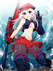 Rule 34 | 10s, 1girl, alisa ilinichina amiella, black footwear, black pantyhose, blue eyes, blue sky, blush, boots, breasts, elbow gloves, female focus, fingerless gloves, gloves, god eater, god eater burst, hat, highres, holding, holding sword, holding weapon, large breasts, long hair, looking at viewer, navel, open mouth, pantyhose, silver hair, skirt, sky, solo, suspender skirt, suspenders, sword, thigh boots, thighhighs, underboob, vane (vane0), weapon