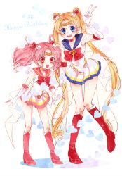 Rule 34 | 2girls, :d, arichel, bad id, bad pixiv id, bishoujo senshi sailor moon, blonde hair, blue eyes, blue sailor collar, blush, boots, bow, brooch, chibi usa, choker, cone hair bun, dated, double bun, elbow gloves, full body, gloves, hair bun, hair ornament, hairpin, happy birthday, heart, heart brooch, height difference, holding hands, jewelry, knee boots, long hair, looking at viewer, magical girl, multicolored clothes, multicolored skirt, multiple girls, open mouth, pink footwear, pink hair, pleated skirt, red bow, red eyes, red footwear, sailor chibi moon, sailor collar, sailor moon, sailor senshi, short hair, skirt, smile, standing, super sailor chibi moon, super sailor moon, tiara, tsukino usagi, twintails, very long hair, white gloves
