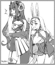 Rule 34 | 2girls, absurdres, animal ears, azur lane, breasts, cleavage, commentary request, dress, greyscale, highres, horns, large breasts, monochrome, multiple girls, open mouth, pointing, rabbit ears, rabbit girl, shimakaze (azur lane), short dress, small breasts, suruga (azur lane), umyonge (lkakeu)
