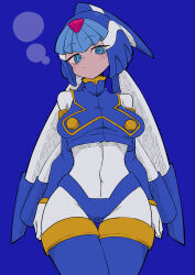 Rule 34 | 1girl, absurdres, android, blue background, blue eyes, blue footwear, blue helmet, boots, breasts, buzzlyears, covered navel, crop top, crotch plate, fairy leviathan (mega man), helmet, highres, looking at viewer, medium breasts, mega man (series), mega man zero (series), ringed eyes, simple background, solo, star (symbol), thigh boots, upper body