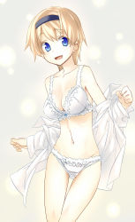 Rule 34 | 1girl, :d, bare shoulders, blonde hair, blue eyes, bow, bow bra, bra, breasts, cleavage, dress shirt, hairband, highres, himura kiseki, lingerie, navel, off shoulder, open clothes, open mouth, open shirt, original, panties, shiny skin, shirt, short hair, simple background, smile, solo, thigh gap, thighs, underwear, underwear only, white bra, white panties