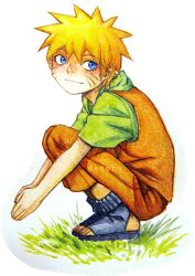 Rule 34 | artist name, blonde hair, blue eyes, child, commentary, commentary request, denoro, forehead protector, grass, looking to the side, naruto, naruto (series), ninja, orange overalls, orange pants, overalls, pants, photoshop (medium), russian commentary, sandals, signature, spiked hair, uzumaki naruto
