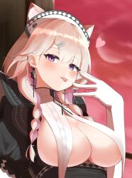 Rule 34 | 1girl, :p, animal ear fluff, animal ears, arknights, blonde hair, blush, braid, breast curtains, breasts, cat ears, cleavage, cross, cross earrings, earrings, elbow gloves, extra ears, gloves, hair ornament, hairband, hairclip, heart, highres, jewelry, kazemaru (arknights), kazemaru (like illusion) (arknights), large breasts, long hair, looking at viewer, multicolored hair, official alternate costume, pcaccount13, pink hair, puffy short sleeves, puffy sleeves, purple eyes, short sleeves, solo, tongue, tongue out, twin braids, two-tone hair, underbust, upper body, white gloves, white hairband