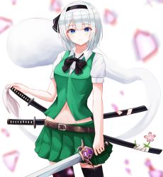 Rule 34 | 1girl, absurdres, belt, black bow, black bowtie, black hairband, black thighhighs, blue eyes, blurry, blush, bow, bowtie, commentary request, cowboy shot, flower, green skirt, green vest, hair ribbon, hairband, hand on weapon, highres, holding, holding sword, holding weapon, kano (wi3028), katana, konpaku youmu, looking at viewer, midriff, miniskirt, petals, pleated skirt, puffy sleeves, ribbon, scabbard, sheath, sheathed, shirt, short hair, short sleeves, silver hair, skirt, solo, standing, sword, thighhighs, touhou, vest, weapon, white background, white shirt, wing collar, zettai ryouiki
