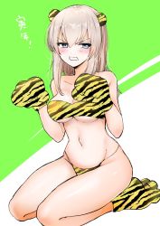 Rule 34 | 1girl, angry, animal ears, animal hands, animal print, bare shoulders, bikini, blush, boots, breasts, chinese zodiac, cleavage, commentary, embarrassed, emilio (tetsukazu no ao), frown, girls und panzer, glaring, gloves, grimace, half-closed eyes, highres, itsumi erika, kneeling, looking at viewer, medium breasts, medium hair, new year, paw gloves, print bikini, print footwear, print gloves, solo, strapless, strapless bikini, string bikini, swimsuit, symbol-only commentary, tiger ears, tiger print, translated, year of the tiger, yellow bikini, yellow footwear, yellow gloves