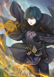 Rule 34 | 1boy, armor, blue eyes, blue hair, byleth (fire emblem), byleth (male) (fire emblem), cape, dagger, fire emblem, fire emblem: three houses, gloves, heroes relic (fire emblem), highres, holding, holding sword, holding weapon, knife, medium hair, nintendo, open mouth, pants, sheath, sheathed, shimizu akina, solo, sword, sword of the creator, weapon