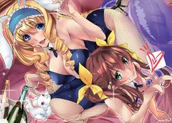 Rule 34 | 10s, 2girls, animal ears, artist name, ass, bare shoulders, blonde hair, blue eyes, blush, breasts, brown eyes, cecilia alcott, cleavage, detached collar, drill hair, fake animal ears, feet, fishnet pantyhose, fishnets, foreshortening, green eyes, grin, hairband, heart, highres, huang lingyin, infinite stratos, large breasts, leotard, long hair, lying, marushin (denwa0214), multiple girls, on stomach, pantyhose, playboy bunny, rabbit, rabbit ears, scan, sitting, smile, spoken heart, twintails