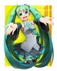 Rule 34 | 1girl, ahoge, aqua eyes, aqua hair, birthday, detached sleeves, hatsune miku, long hair, necktie, open mouth, outstretched hand, ruchi, smile, solo, vocaloid