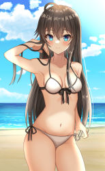 1girl absurdres ahoge bikini black_hair blue_eyes breasts cleavage collarbone cowboy_shot groin hair_between_eyes hand_in_own_hair highres hisui_(user_zvkr2432) long_hair looking_at_viewer medium_breasts navel side-tie_bikini_bottom solo standing swimsuit white_bikini yahari_ore_no_seishun_lovecome_wa_machigatteiru. yukinoshita_yukino