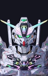 Rule 34 | absurdres, azzalea, black background, commentary, english commentary, english text, glowing, green eyes, gundam, gundam calibarn, gundam suisei no majo, highres, looking at viewer, mecha, mobile suit, no humans, portrait, robot, science fiction, solo, v-fin