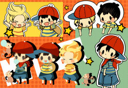 Rule 34 | &gt; &lt;, 3boys, arms up, backpack, bag, bandana, baseball cap, black hair, blonde hair, blue footwear, blue shorts, blush stickers, brown bag, blowing bubbles, bubble monkey, chewing gum, clenched hand, drop shadow, full body, hat, hitofutarai, looking back, lucas (mother 3), male focus, mother (game), mother 1, mother 2, mother 3, multiple boys, multiple views, ness (mother 2), ninten, nintendo, open mouth, orange footwear, pac-man eyes, red bandana, red footwear, red headwear, red socks, salsa (mother), shirt, short hair, shorts, sideways hat, smile, socks, solid oval eyes, star (symbol), striped clothes, striped shirt, white socks
