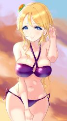 Rule 34 | 1girl, ayase eli, bad id, bad pixiv id, bare shoulders, bikini, blonde hair, blue eyes, blush, breasts, cleavage, female focus, flower, hair down, large breasts, lichi (elielielichi 10), long hair, looking at viewer, love live!, love live! school idol festival, love live! school idol project, parted lips, playing with own hair, ponytail, purple bikini, red flower, shangri-la shower, side-tie bikini bottom, smile, solo, swimsuit, tagme