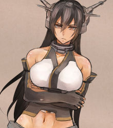 Rule 34 | 10s, 1girl, black hair, breast hold, breasts, crossed arms, dutch angle, elbow gloves, fingerless gloves, gloves, hair between eyes, halterneck, halterneck, headgear, jonasan, kantai collection, large breasts, long hair, looking at viewer, midriff, nagato (kancolle), navel, pepe (jonasan), red eyes, solo, upper body, very long hair
