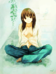 Rule 34 | 1girl, barefoot, breasts, brown eyes, brown hair, cleavage, denim, feet, grass, highres, jeans, kobayashi yuji, nipple slip, nipples, no bra, open clothes, open fly, open shirt, original, outdoors, pants, puffy nipples, shirt, sitting, smile, solo, toes, unzipped