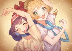 Rule 34 | 2girls, :d, absurdres, arm up, beanie, blonde hair, blue sailor collar, blush, clenched hand, closed eyes, commentary request, creatures (company), eyelashes, floating hair, floral print, game freak, gotcha!, hat, highres, lillie (pokemon), long hair, multiple girls, nintendo, open mouth, pokemon, pokemon sm, red headwear, sailor collar, selene (pokemon), shirt, short sleeves, smile, t-shirt, teeth, tongue, upper body, upper teeth only, white shirt, yellow shirt, yoshiyoshiwa, |d