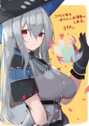 Rule 34 | 1girl, arknights, ascot, asususususu, belt, belt buckle, black gloves, black hat, blush, border, bracelet, breasts, buckle, closed mouth, fish, gloves, grey ascot, grey shirt, hair between eyes, hand up, hat, highres, infection monitor (arknights), jewelry, large breasts, long hair, outside border, red eyes, shirt, short sleeves, silver hair, simple background, skadi (arknights), solo, translation request, underbust, upper body, white border, yellow background