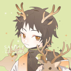 Rule 34 | 1boy, animal ears, antlers, brown eyes, brown hair, brown jacket, chinese commentary, closed mouth, commentary request, deer ears, green background, harada minoru, highres, horns, jacket, kemonomimi mode, male focus, off shoulder, open clothes, open jacket, portrait, reindeer, reindeer antlers, reindeer boy, saibou shinkyoku, sample watermark, short hair, simple background, smile, solo, sparkle, sweater, turtleneck, turtleneck sweater, watermark, white jacket, xiao228