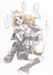 Rule 34 | 1boy, 1girl, aqua eyes, bad id, bad pixiv id, blonde hair, blush, brother and sister, detached sleeves, hair ribbon, headphones, hetero, incest, kagamine len, kagamine rin, licking, midriff, ponytail, ribbon, senbei (roof-lock), siblings, sketch, tears, translation request, twincest, twins, vocaloid