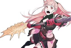 Rule 34 | 1girl, axe, belt, black dress, black footwear, black thighhighs, boots, breasts, byuub, commentary, cowboy shot, detached sleeves, dress, english commentary, fire emblem, fire emblem: three houses, freikugel (weapon), gloves, hilda valentine goneril, holding, holding axe, long hair, looking at viewer, medium breasts, nintendo, open mouth, pink gloves, pink hair, ponytail, red eyes, simple background, solo, teeth, thigh boots, thighhighs, underbust, white background