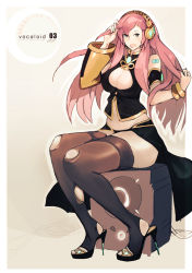 Rule 34 | 1girl, breasts, cleavage, cleavage cutout, clothing cutout, evil-ss, large breasts, megurine luka, midriff, pink hair, solo, thighhighs, torn clothes, torn thighhighs, vocaloid