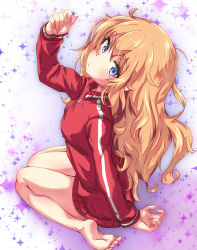 Rule 34 | 1girl, :o, arm behind back, arm up, barefoot, blonde hair, blue eyes, feet, from side, gabriel dropout, gabriel tenma white, hair between eyes, head back, jacket, long hair, long sleeves, looking at viewer, messy hair, no pants, rabittofaa, red jacket, sitting, solo, sparkle, track jacket, very long hair, wariza, zipper, zipper pull tab