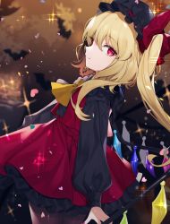 Rule 34 | 1girl, absurdres, alternate color, bat (animal), black hat, black pantyhose, black shirt, blonde hair, bow, commentary, cowboy shot, daimaou ruaeru, english commentary, flandre scarlet, from side, hat, hat bow, heart, highres, long hair, long sleeves, looking at viewer, mob cap, nail polish, pantyhose, red bow, red eyes, red nails, red skirt, red vest, shirt, side ponytail, skirt, solo, sparkle, touhou, vest, yellow neckwear