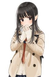 Rule 34 | 1girl, absurdres, black eyes, black hair, black skirt, blush, breath, brown jacket, commentary request, hair behind ear, highres, jacket, kentaurosu, long hair, long sleeves, looking at viewer, matsuno chiya, neckerchief, original, own hands together, parted lips, pleated skirt, red neckerchief, simple background, skirt, sleeves past wrists, solo, white background
