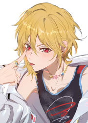 Rule 34 | 1boy, absurdres, alternate costume, androgynous, black tank top, blonde hair, blush, ensemble stars!, highres, hood, hood down, hoodie, jacket, jacket partially removed, long sleeves, looking at viewer, male focus, nito nazuna, red eyes, reverie0304, solo, tank top, tongue, tongue out, white background, white hoodie