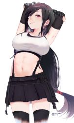 Rule 34 | 1girl, armpits, arms behind head, arms up, black hair, black thighhighs, breasts, cowboy shot, earrings, final fantasy, final fantasy vii, final fantasy vii remake, highres, jewelry, large breasts, long hair, looking at viewer, midriff, navel, one eye closed, popopo (popopo5656), red eyes, simple background, skirt, smile, solo, standing, suspender skirt, suspenders, tank top, thighhighs, tifa lockhart, twitter username, white background