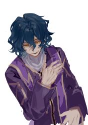 Rule 34 | 1boy, absurdres, blue hair, chinese commentary, commentary request, hair between eyes, hand on own chest, highres, male focus, open mouth, purple robe, robe, saibou shinkyoku, shirt, short hair, simple background, smile, solo, stole, upper body, utsugi noriyuki, wavy hair, white background, white shirt, wotmyijingwuyuwuqiule, yellow eyes