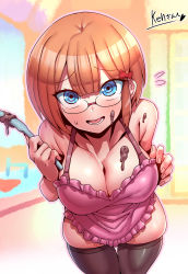 Rule 34 | 1girl, absurdres, apron, blue eyes, bokutachi wa benkyou ga dekinai, bow, breasts, cleavage, commission, glasses, hair bow, highres, holding, holding knife, knife, large breasts, looking at viewer, naked apron, ogata rizu, open mouth, orange hair, pink apron, red bow, short hair, skeb commission, solo, thighhighs, tukiwani